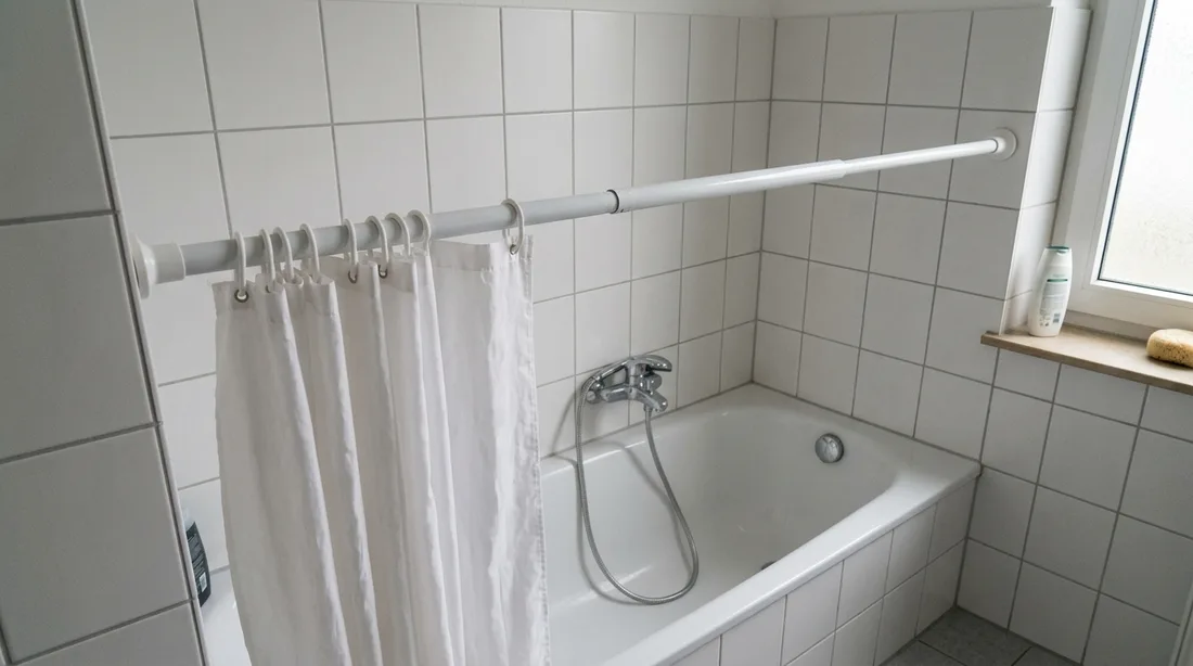 Ausziehbare Duschvorhangstange über einer gefliesten Badewanne