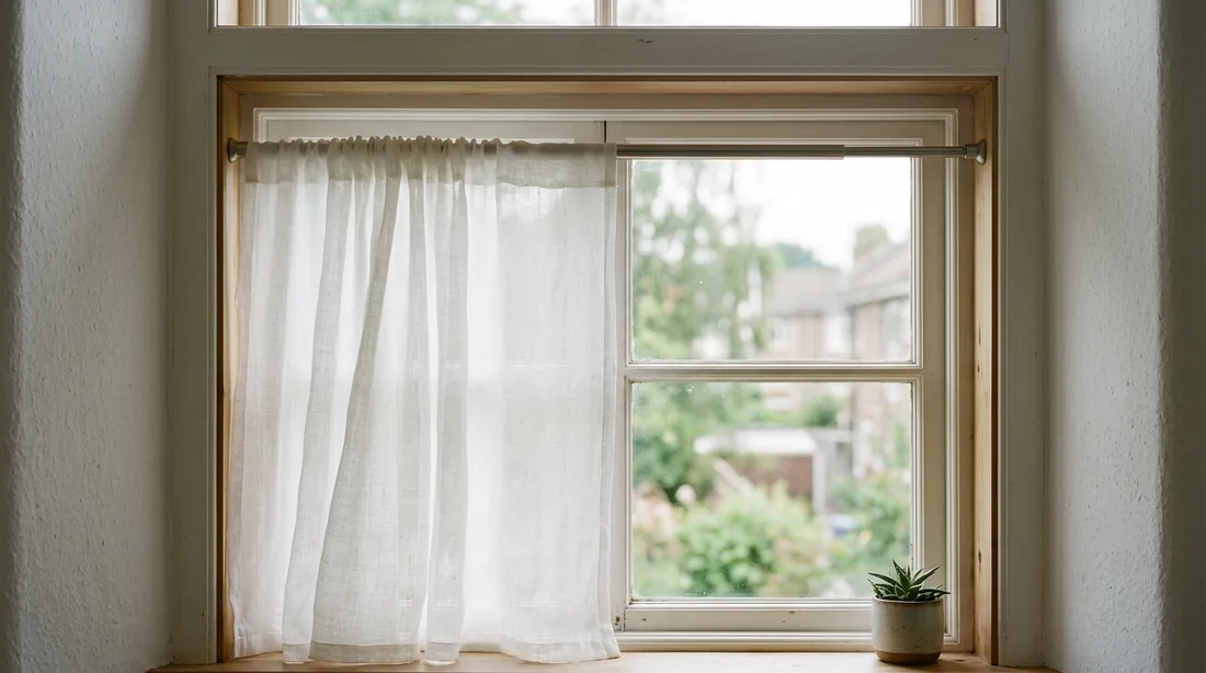 Leichte Gardine an einer Teleskopstange in der Laibung eines Fensters