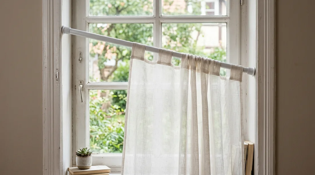 Schräg sitzende Klemmstange mit heller Gardine, beide Enden gegen die Fensterlaibung geklemmt